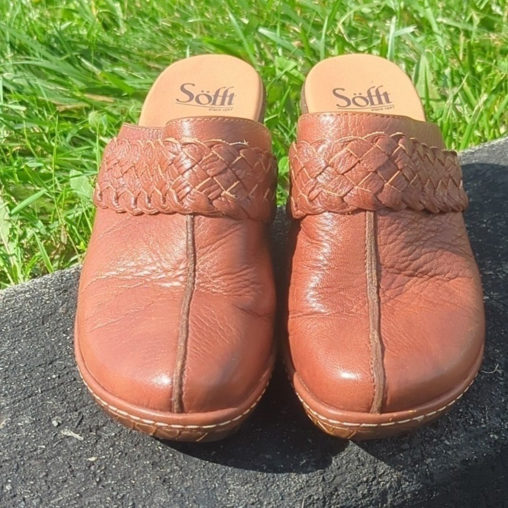 Western Boho Leather Woven Mules Brown Söfft 7M Comfort Clogs Coastal Cowgirl